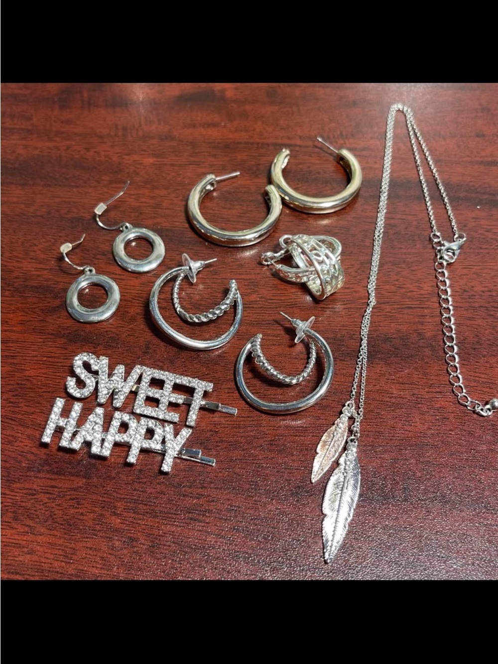 💖5 for $25😻 Silver Tone Mixed Jewelry Set - Hoop Earrings, Necklace & Hair Pins